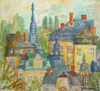 Bürgerhäuser Hartmannsdorf, 1993 Öl, 111 x 122 cm